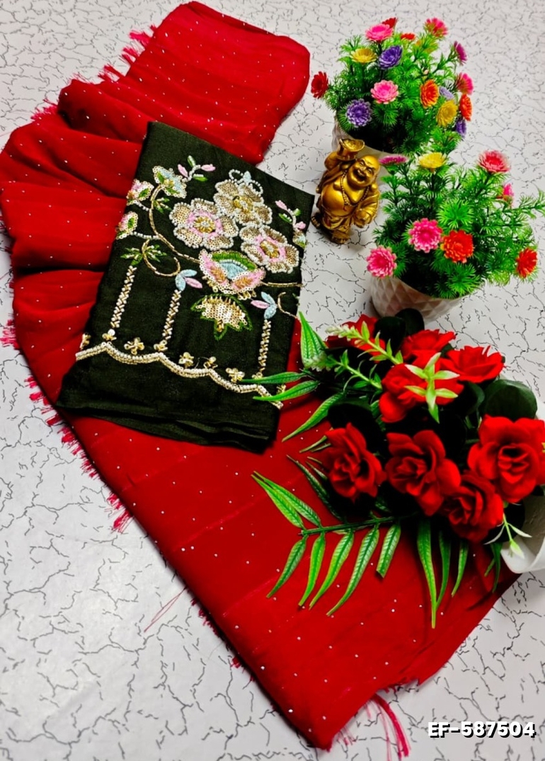 GEORGETTE EMBORIDERY FANCY SAREE FANCY SOFT SILK SAREES WITH BLOUSE   MODERN FANCY ITEM SAREES - RED