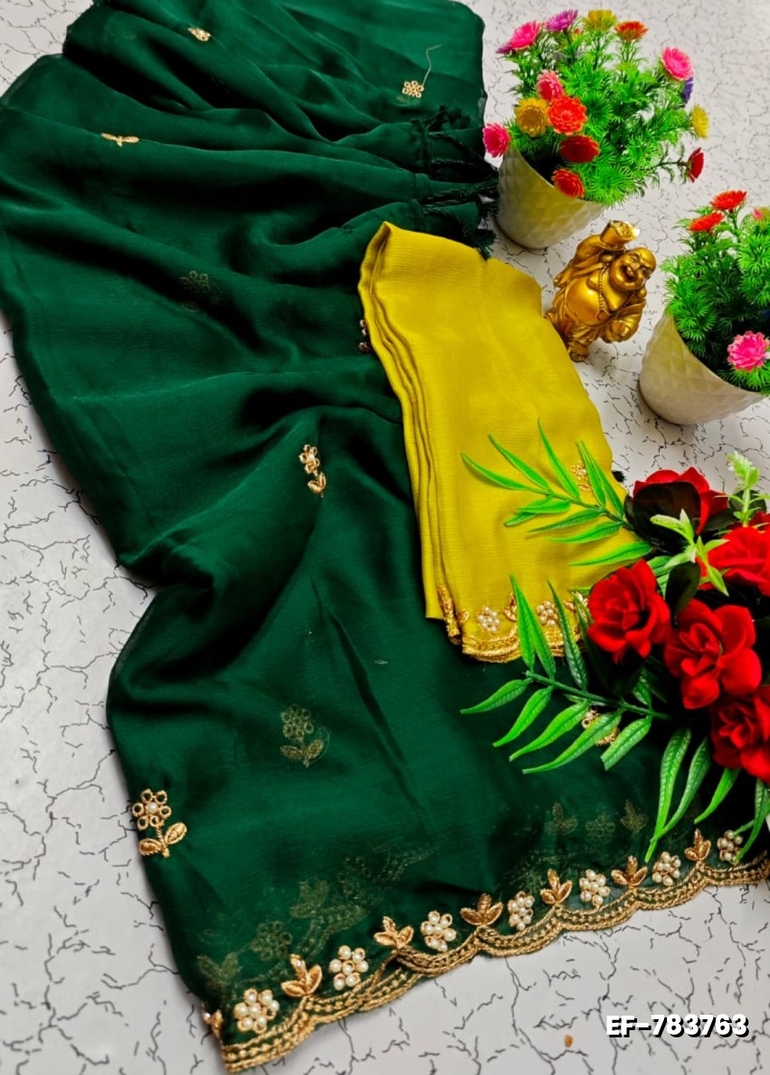 GEORGETTE EMBORIDERY FANCY SAREE FANCY SOFT SILK SAREES WITH BLOUSE   MODERN FANCY ITEM SAREES - GREEN COLOUR