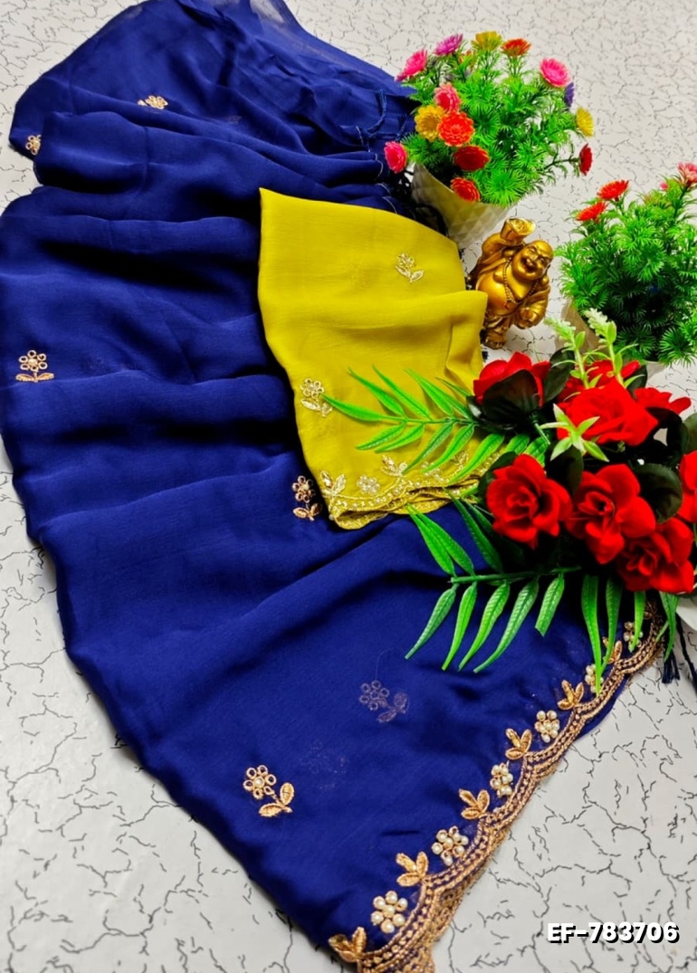 GEORGETTE EMBORIDERY FANCY SAREE FANCY SOFT SILK SAREES WITH BLOUSE   MODERN FANCY ITEM SAREES - ROYAL BLUE