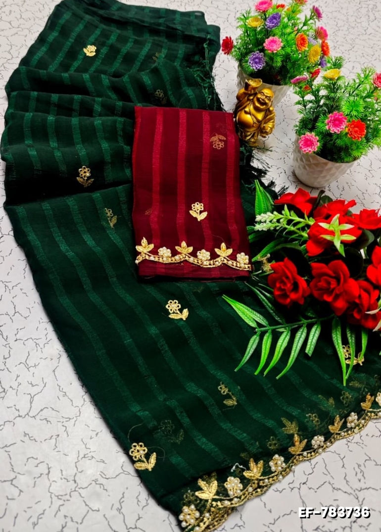 GEORGETTE EMBORIDERY FANCY SAREE FANCY SOFT SILK SAREES WITH BLOUSE   MODERN FANCY ITEM SAREES - BOTTLE GREEN (1)