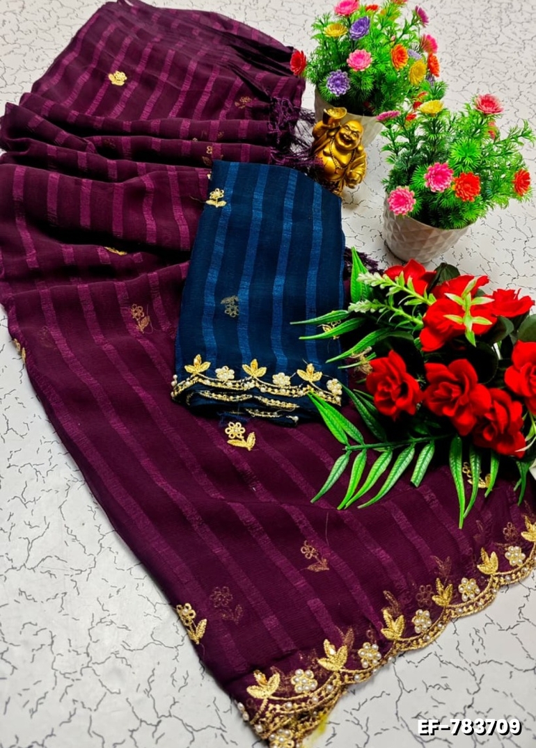 GEORGETTE EMBORIDERY FANCY SAREE FANCY SOFT SILK SAREES WITH BLOUSE   MODERN FANCY ITEM SAREES - PURPLE COLOUR (1)