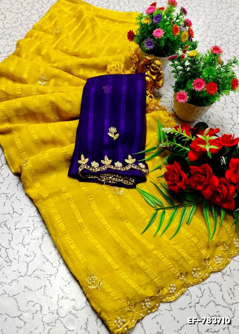 GEORGETTE EMBORIDERY FANCY SAREE FANCY SOFT SILK SAREES WITH BLOUSE   MODERN FANCY ITEM SAREES - YELLOW
