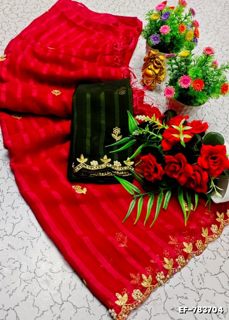 GEORGETTE EMBORIDERY FANCY SAREE FANCY SOFT SILK SAREES WITH BLOUSE   MODERN FANCY ITEM SAREES - RED (1)
