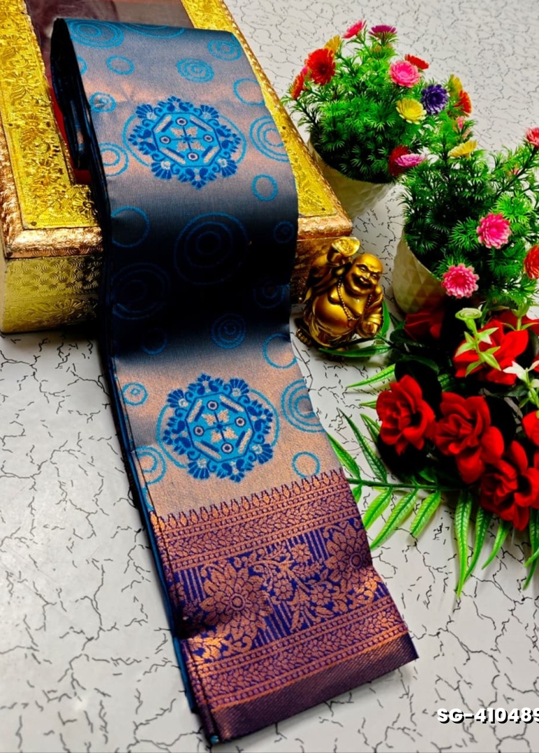 Premium kubera pattu saree rapier fancy  light weight silk type sarees function wear - BLUE COLOUR