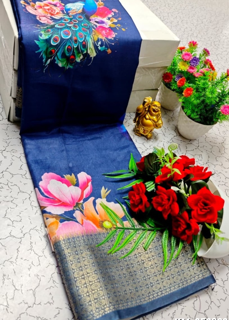 Elegant Dola Silk Saree with Traditional Kalamkari Print - LIGHT BLUE N