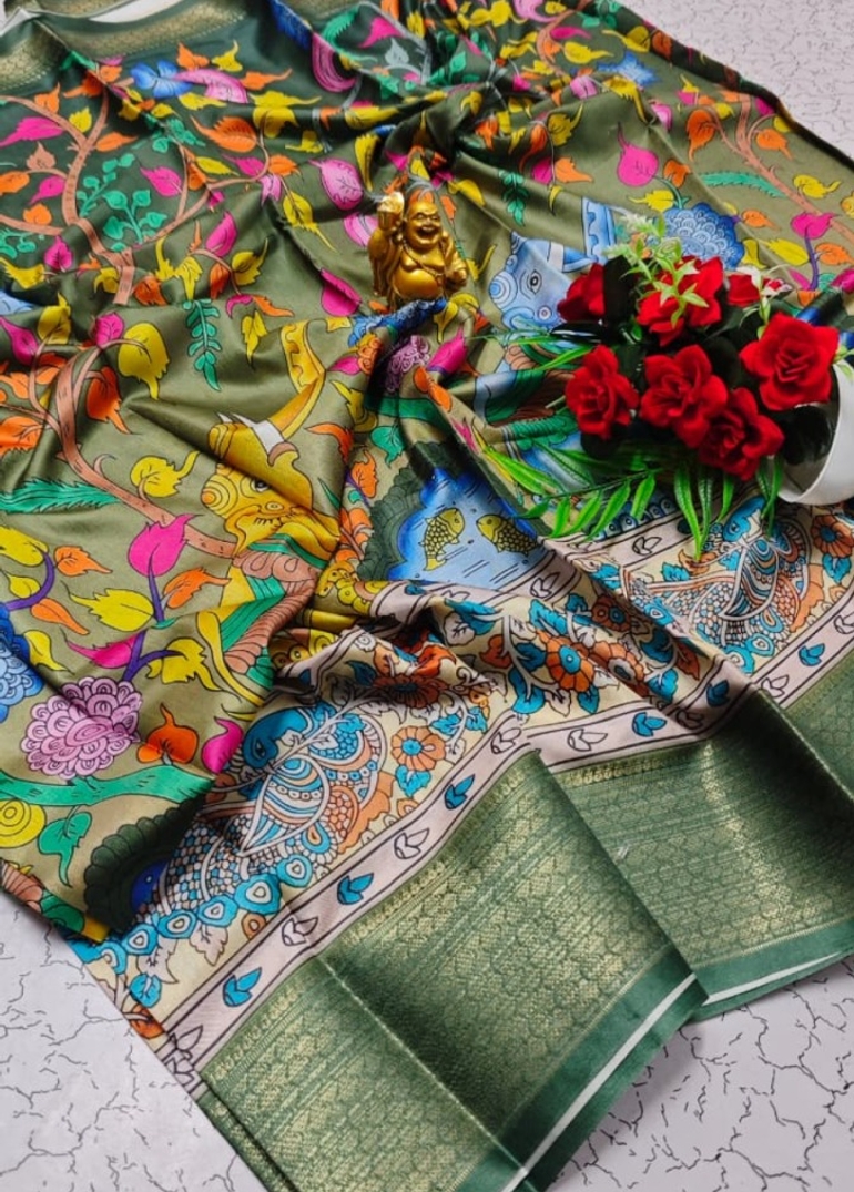 Elegant Dola Silk Saree with Traditional Kalamkari Print - LIGHT OLIVE