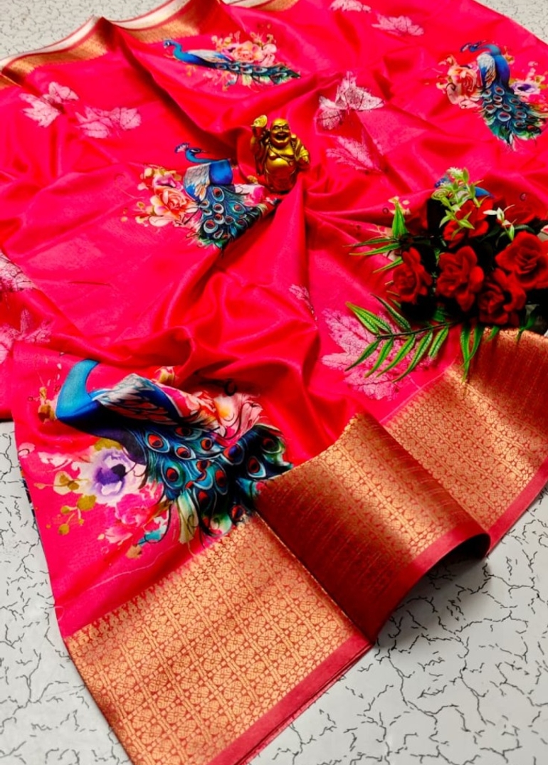 Elegant Dola Silk Saree with Traditional Kalamkari Print - DARK PINK