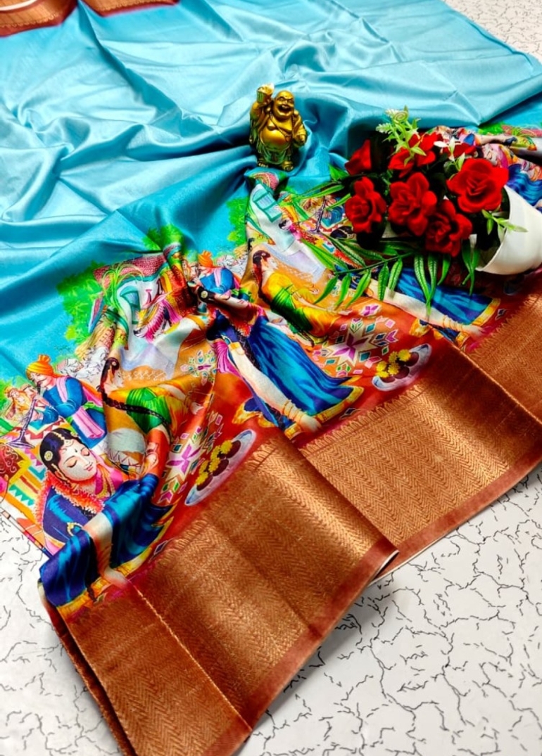 Elegant Dola Silk Saree with Traditional Kalamkari Print - LIGHT SKY BLUE