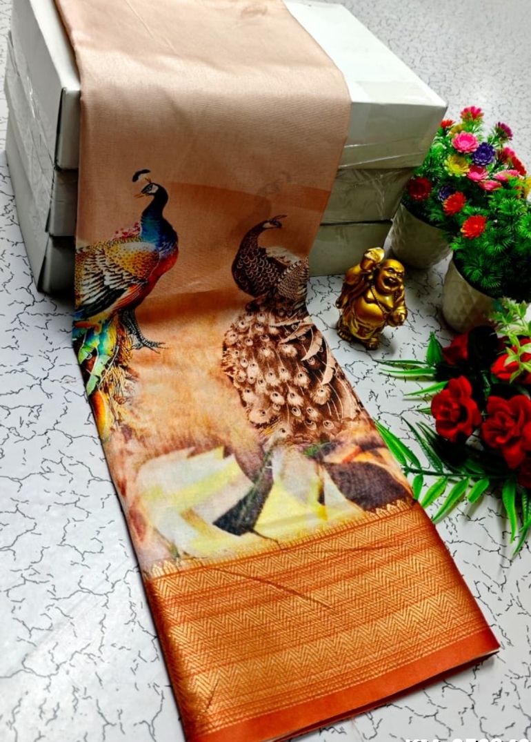 Elegant Dola Silk Saree with Traditional Kalamkari Print - LIGHT PEACH