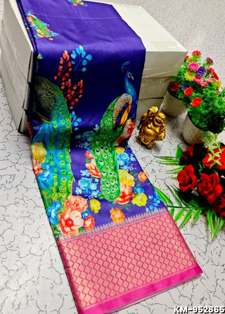 Elegant Dola Silk Saree with Traditional Kalamkari Print - INDIGO COLOUR