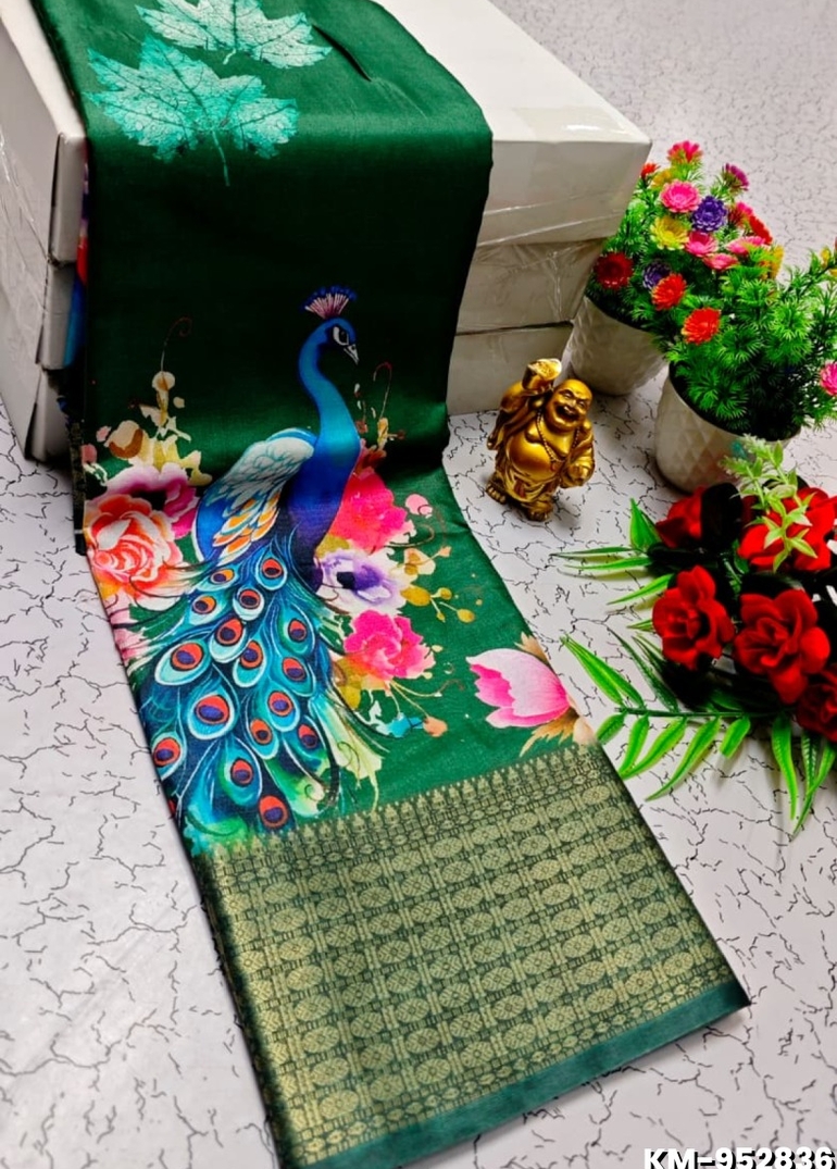 Elegant Dola Silk Saree with Traditional Kalamkari Print - BOTTLE GREEN