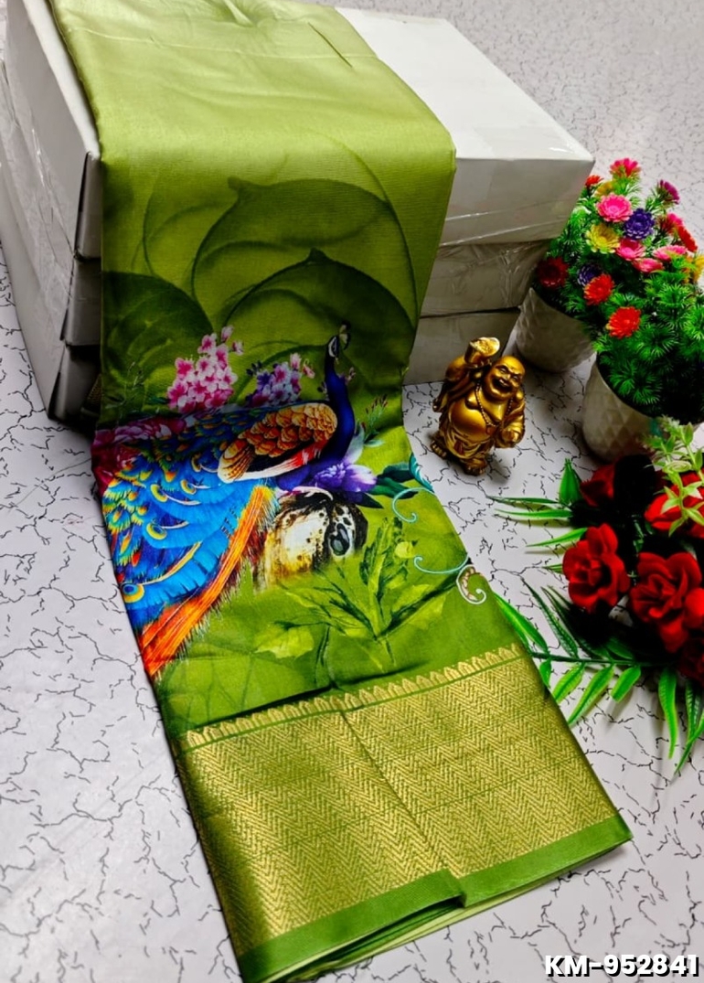 Elegant Dola Silk Saree with Traditional Kalamkari Print - LIGHT GREEN