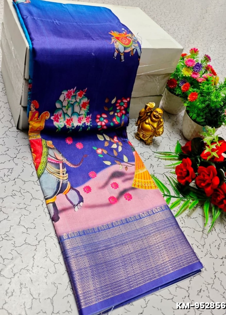 Elegant Dola Silk Saree with Traditional Kalamkari Print - NORMAL  BLUE