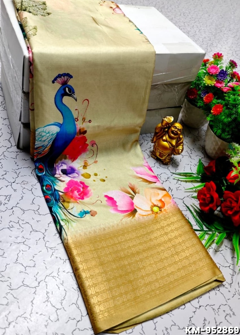 Elegant Dola Silk Saree with Traditional Kalamkari Print - BEIGE COLOUR