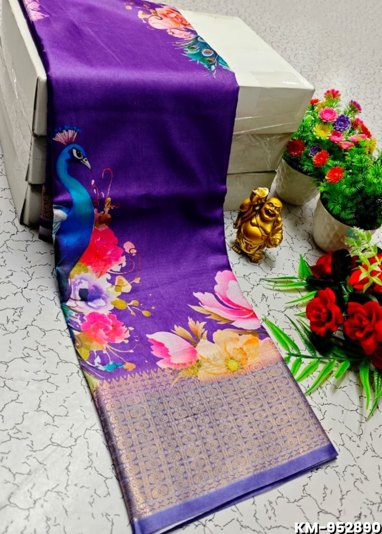 Elegant Dola Silk Saree with Traditional Kalamkari Print - BRINJAL COLOUR