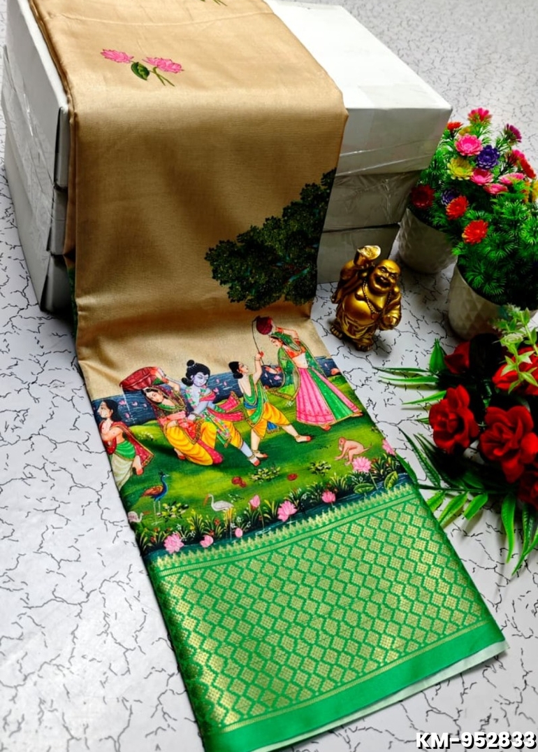 Elegant Dola Silk Saree with Traditional Kalamkari Print - CREAM