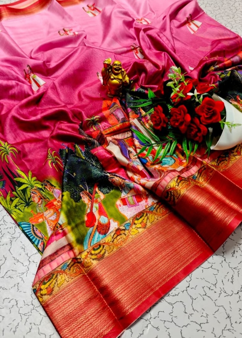 Elegant Dola Silk Saree with Traditional Kalamkari Print - BABY PINK