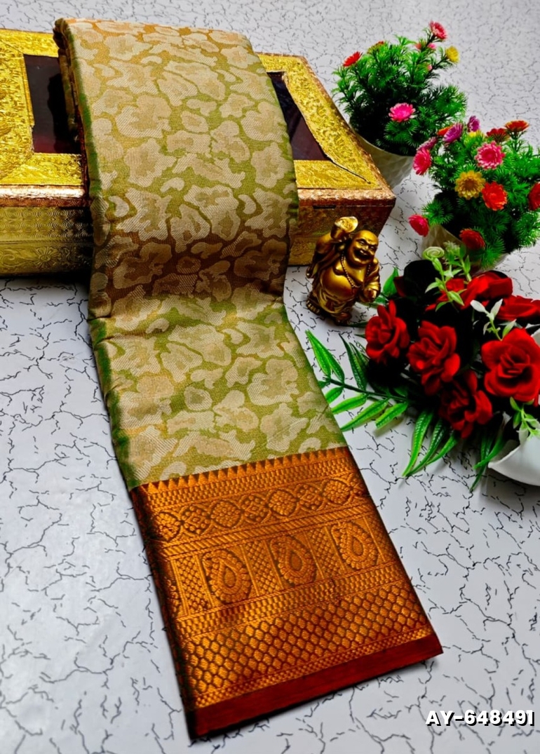 Ayusha Pattu Saree  Pure Silk with Grand Zari Work - LIGHT OLIVE