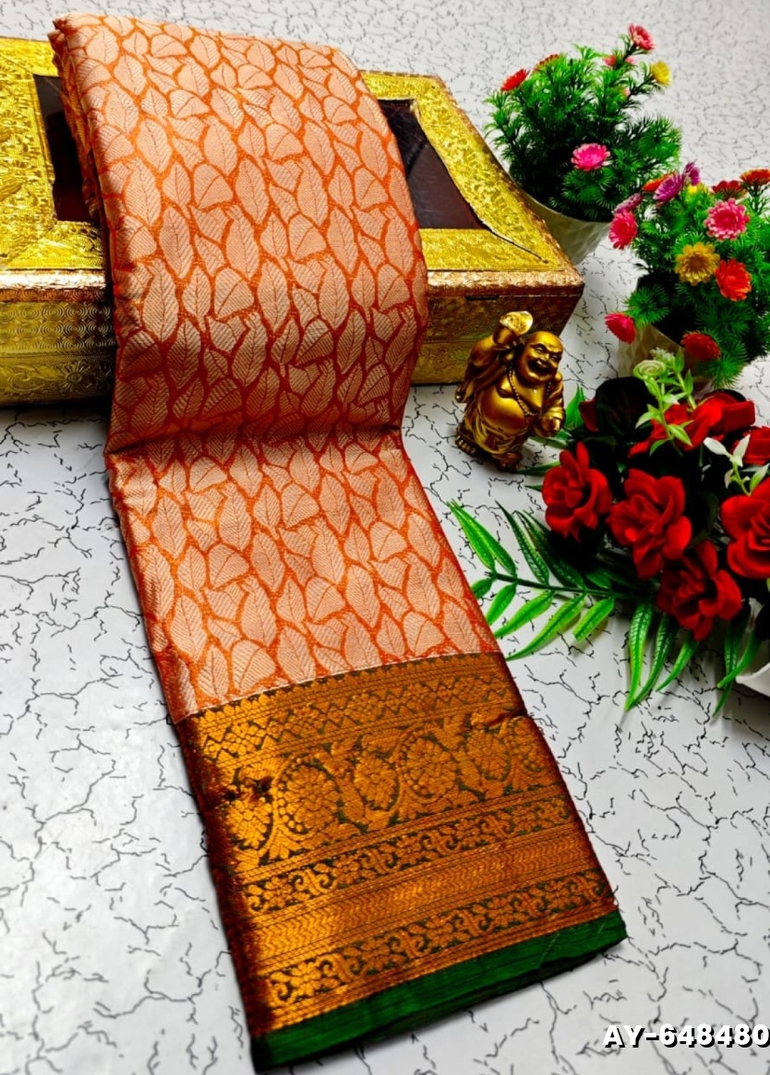 Ayusha Pattu Saree  Pure Silk with Grand Zari Work - TANGERINE COLOUR