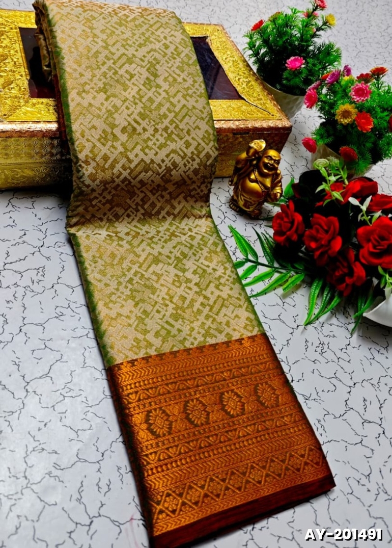 Ayusha Pattu Saree  Pure Silk with Grand Zari Work - LIGHT OLIVE (1)