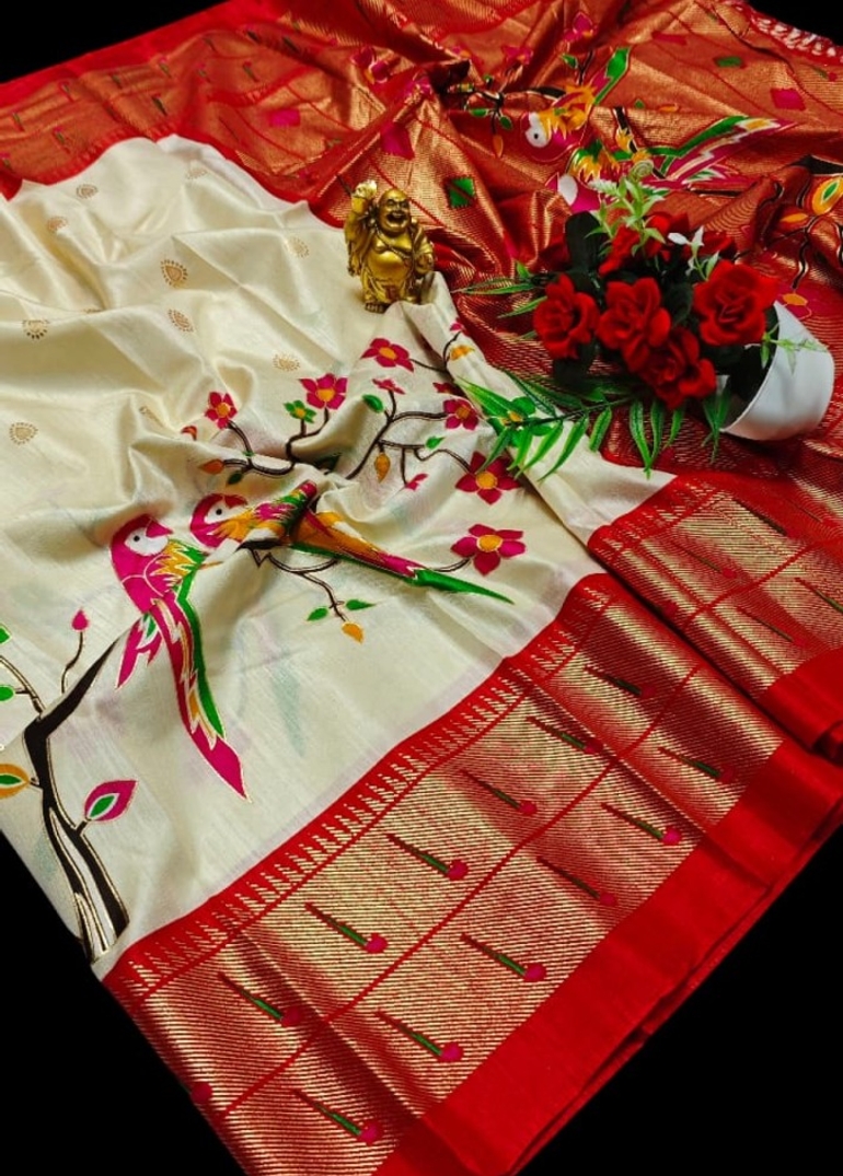 Luxurious Soft Silk Paithani Saree - Effortless Elegance in Traditional Weaves - WHITE