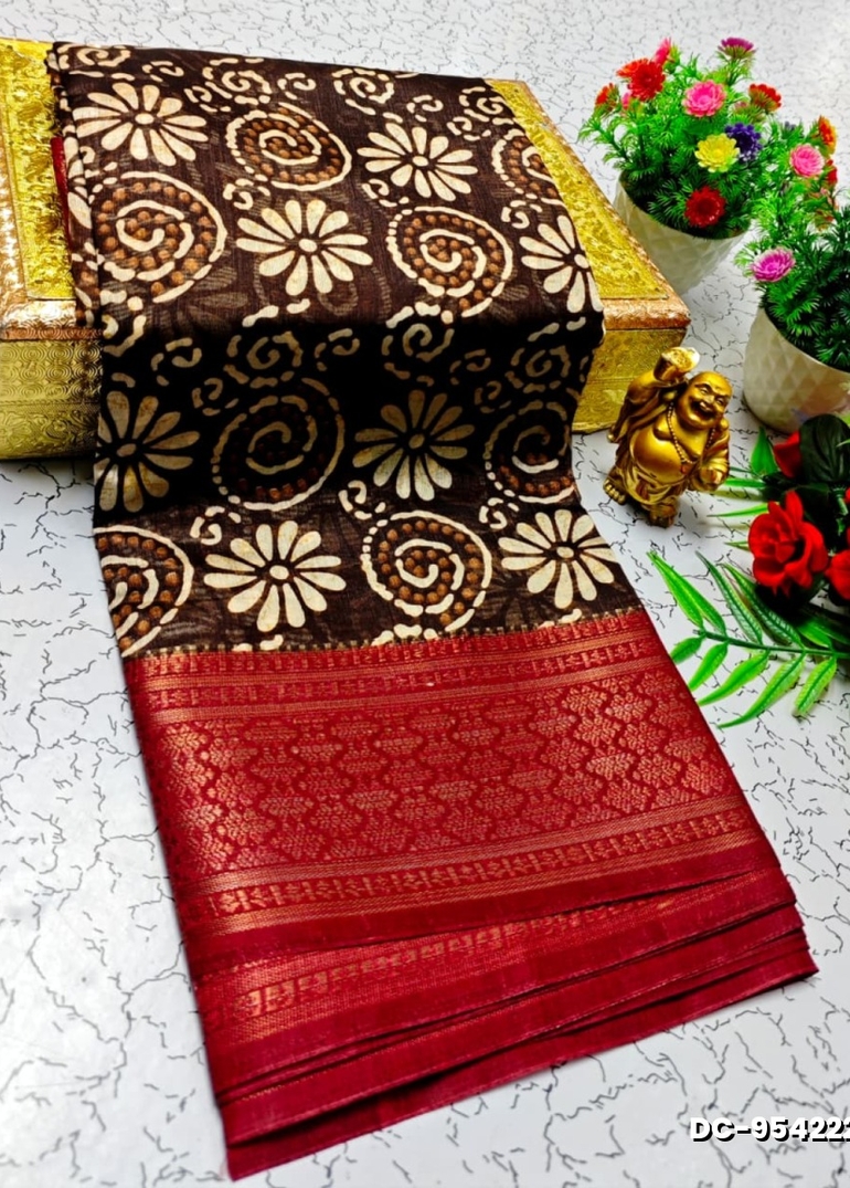 Dailywear cotton sarees all over body flower designpattern design premium look lightweight comfortable wear - COFEE BROWN