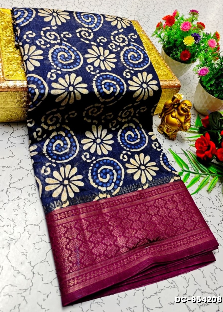 Dailywear cotton sarees all over body flower designpattern design premium look lightweight comfortable wear - NAVY COLOUR