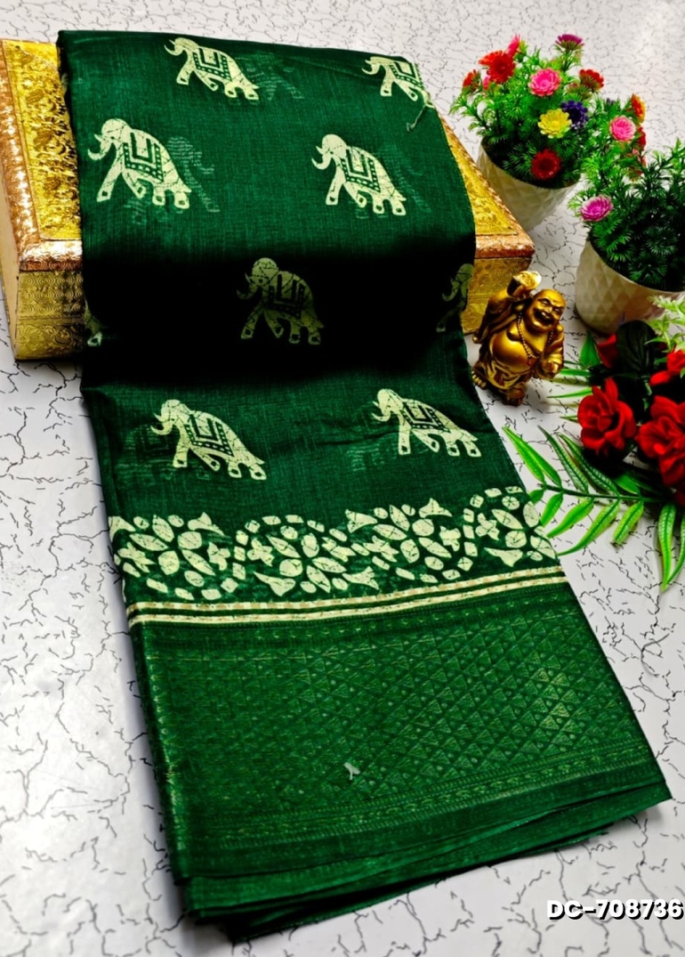 Dailywear cotton sarees all over body elephant designpattern design premium look lightweight comfortable wear - BOTTLE GREEN
