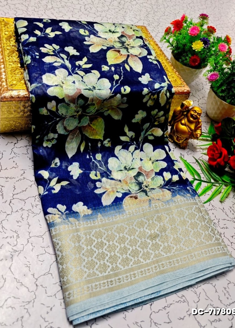 Dailywear cotton sarees all over body flower designpattern design premium look lightweight comfortable wear - NAVY COLOUR (1)