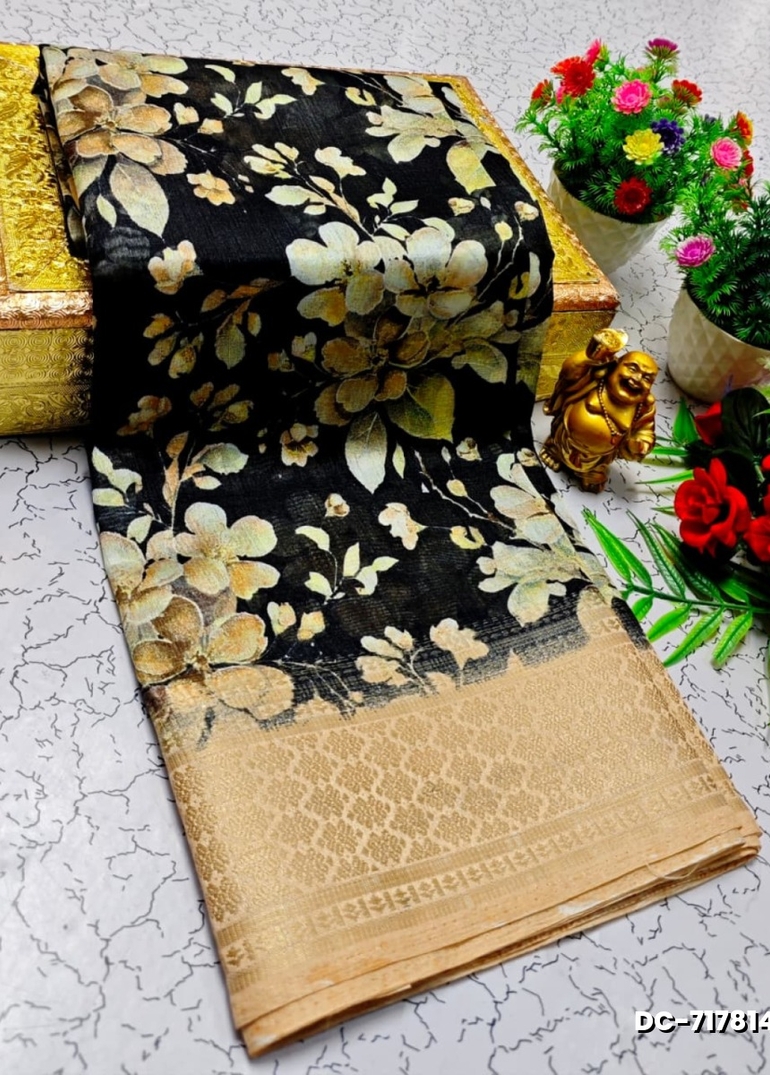 Dailywear cotton sarees all over body flower designpattern design premium look lightweight comfortable wear - BLACK