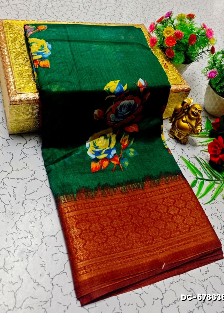 Dailywear cotton sarees all over body flower designpattern design premium look lightweight comfortable wear - BOTTLE GREEN