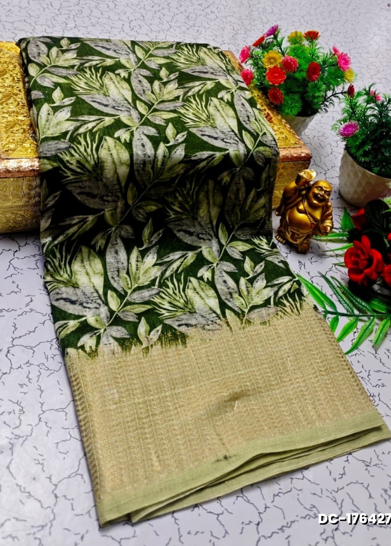 Dailywear cotton sarees all over body leaf designpattern design premium look lightweight comfortable wear - MEHENDHI GREEN
