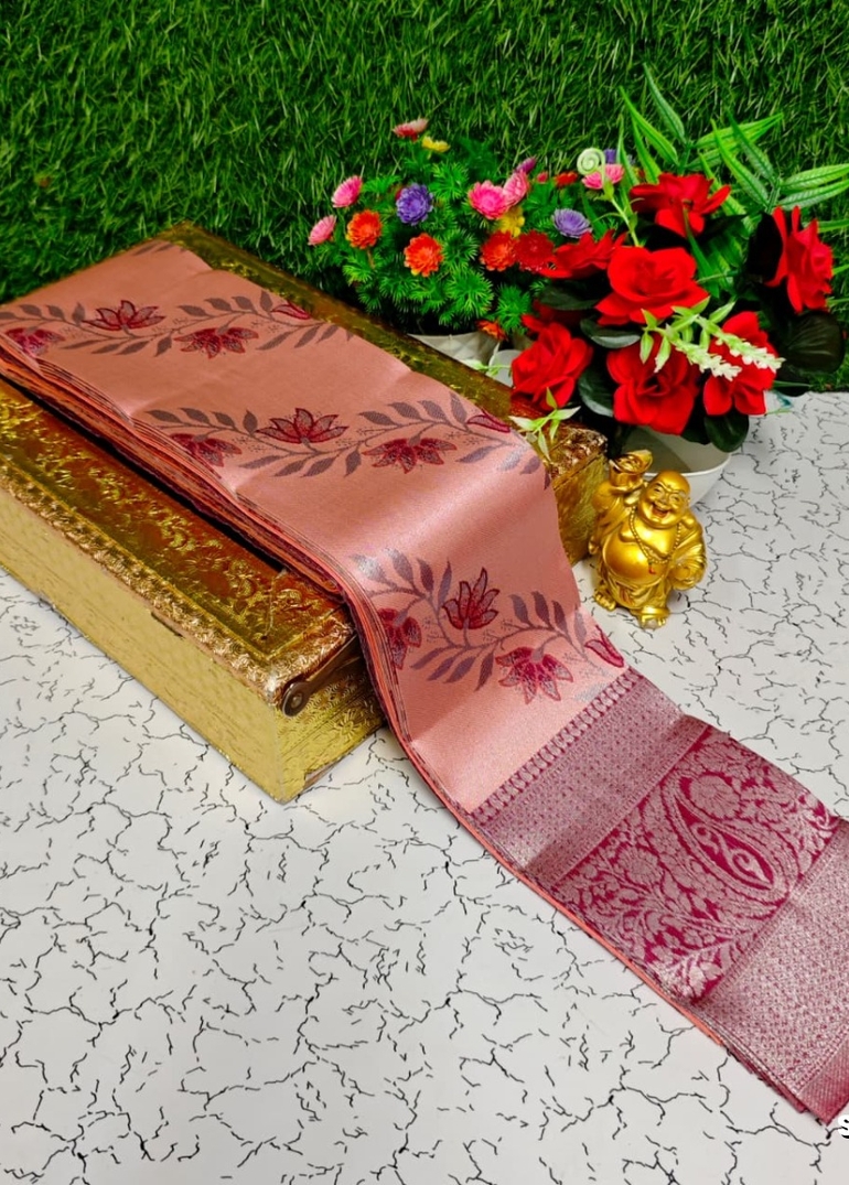 Premium kubera pattu saree rapier fancy  light weight silk type sarees function wear - CORAL COLOUR (4)