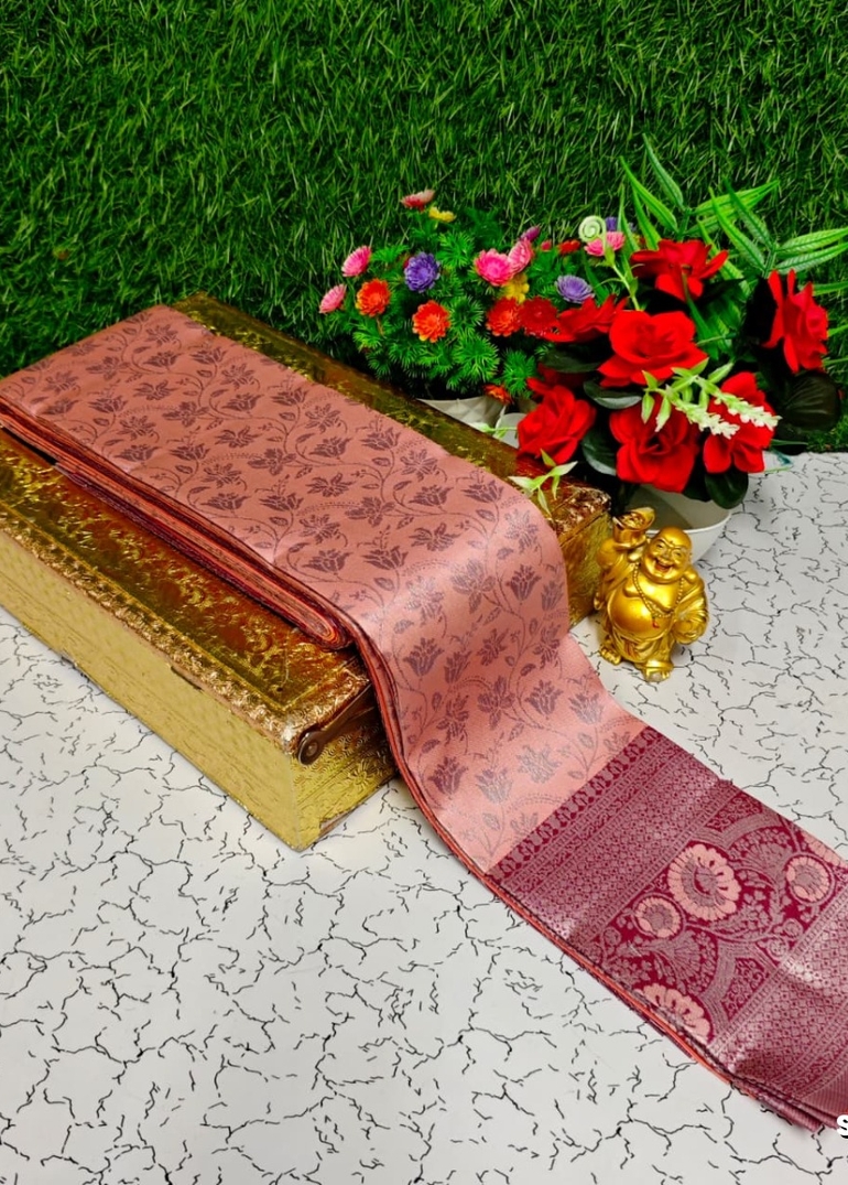 Premium kubera pattu saree rapier fancy  light weight silk type sarees function wear - CORAL COLOUR (5)