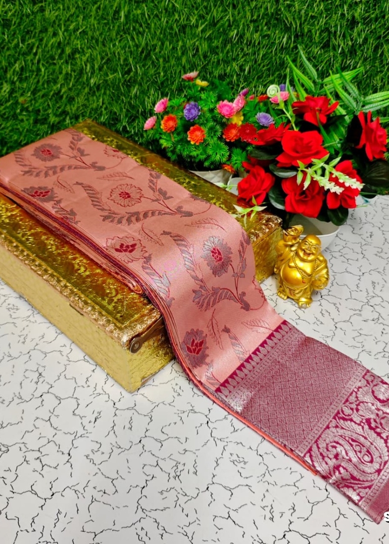 Premium kubera pattu saree rapier fancy  light weight silk type sarees function wear - CORAL COLOUR (6)