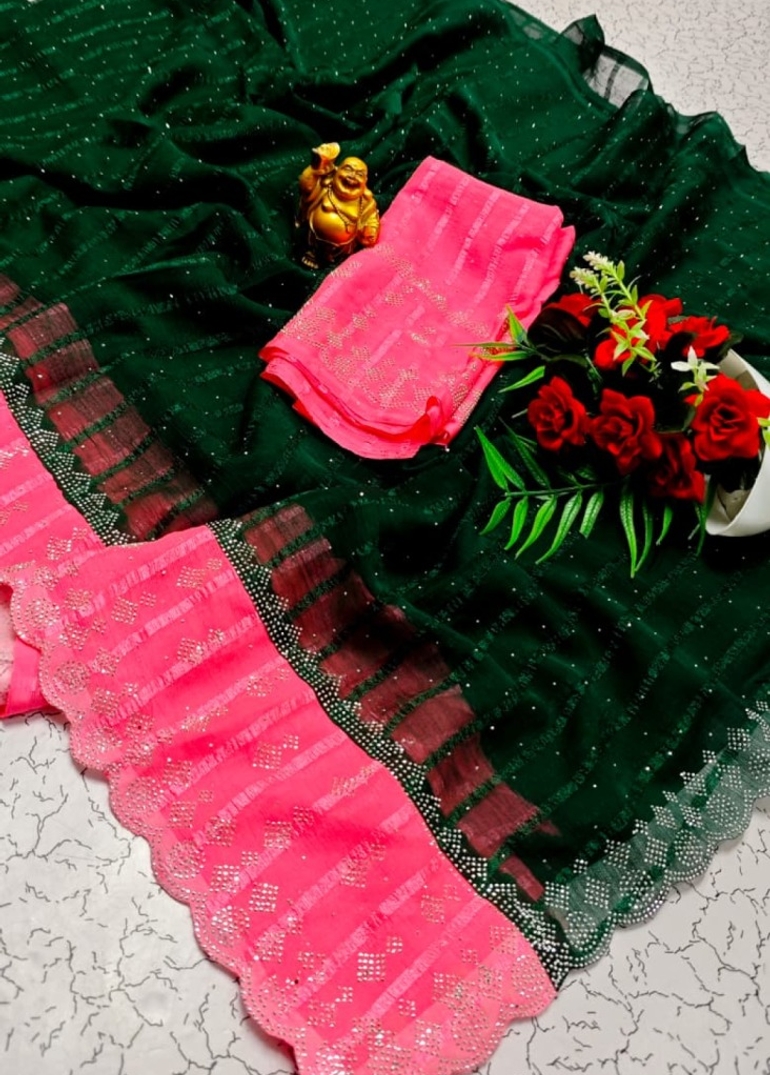 Fancy Stone Work Soft Silk Saree Full Same Color Border Contrast Color with blouse modern fancy item sarees - BOTTLE GREEN