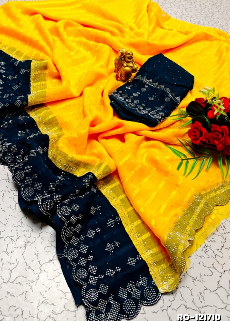 Fancy Stone Work Soft Silk Saree Full Same Color Border Contrast Color with blouse modern fancy item sarees - YELLOW