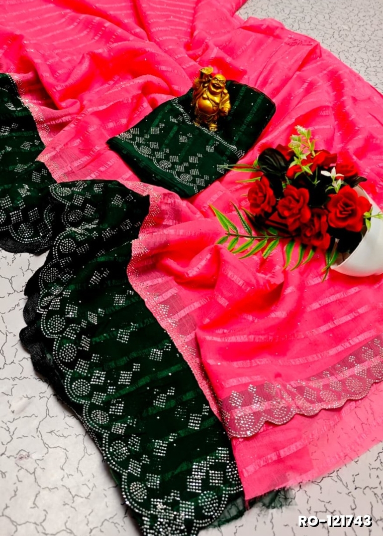 Fancy Stone Work Soft Silk Saree Full Same Color Border Contrast Color with blouse modern fancy item sarees - LIGHT PINK