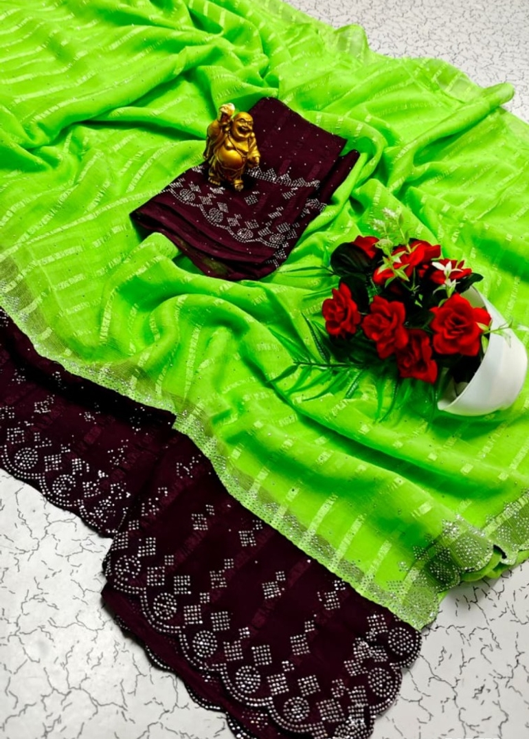 Fancy Stone Work Soft Silk Saree Full Same Color Border Contrast Color with blouse modern fancy item sarees - PARET GREEN