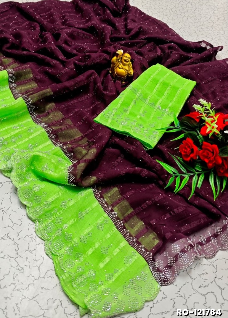 Fancy Stone Work Soft Silk Saree Full Same Color Border Contrast Color with blouse modern fancy item sarees - WINE COLOUR