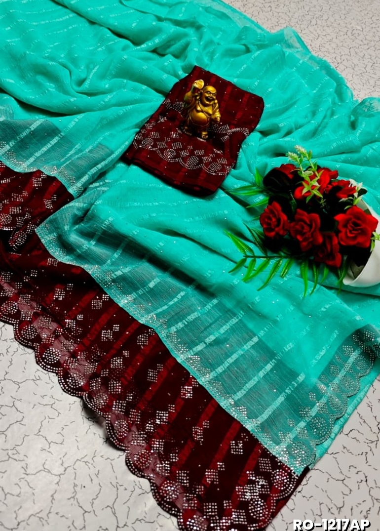 Fancy Stone Work Soft Silk Saree Full Same Color Border Contrast Color with blouse modern fancy item sarees - REXONA