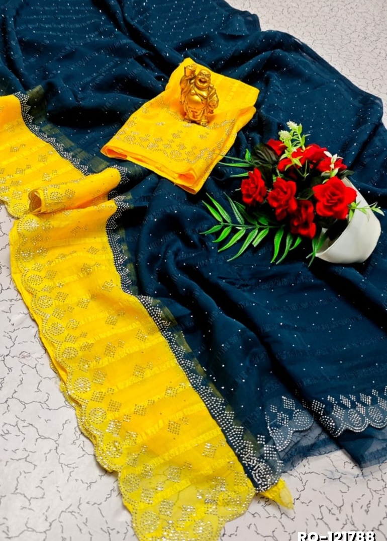 Fancy Stone Work Soft Silk Saree Full Same Color Border Contrast Color with blouse modern fancy item sarees - PEACKOK BLUE