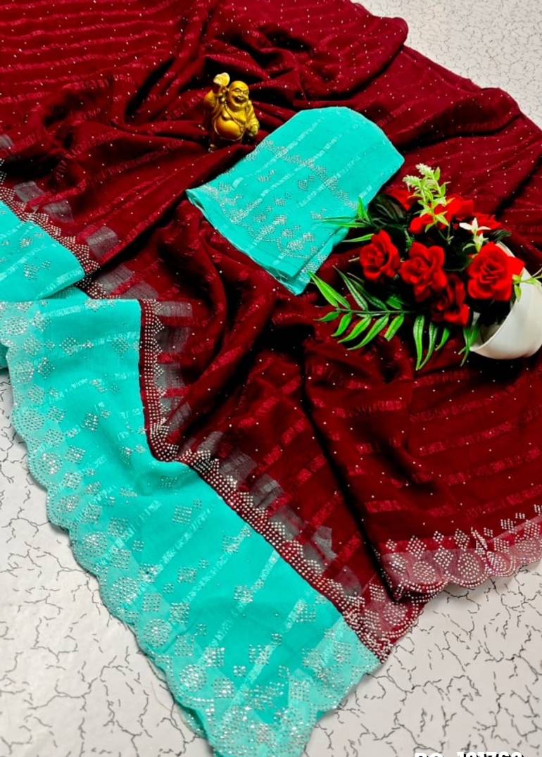 Fancy Stone Work Soft Silk Saree Full Same Color Border Contrast Color with blouse modern fancy item sarees - MAROON COLOR