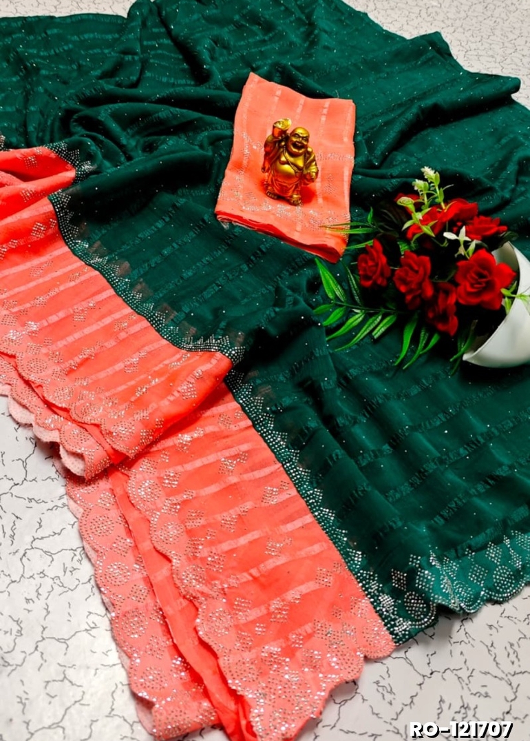 Fancy Stone Work Soft Silk Saree Full Same Color Border Contrast Color with blouse modern fancy item sarees - TEAL COLOUR