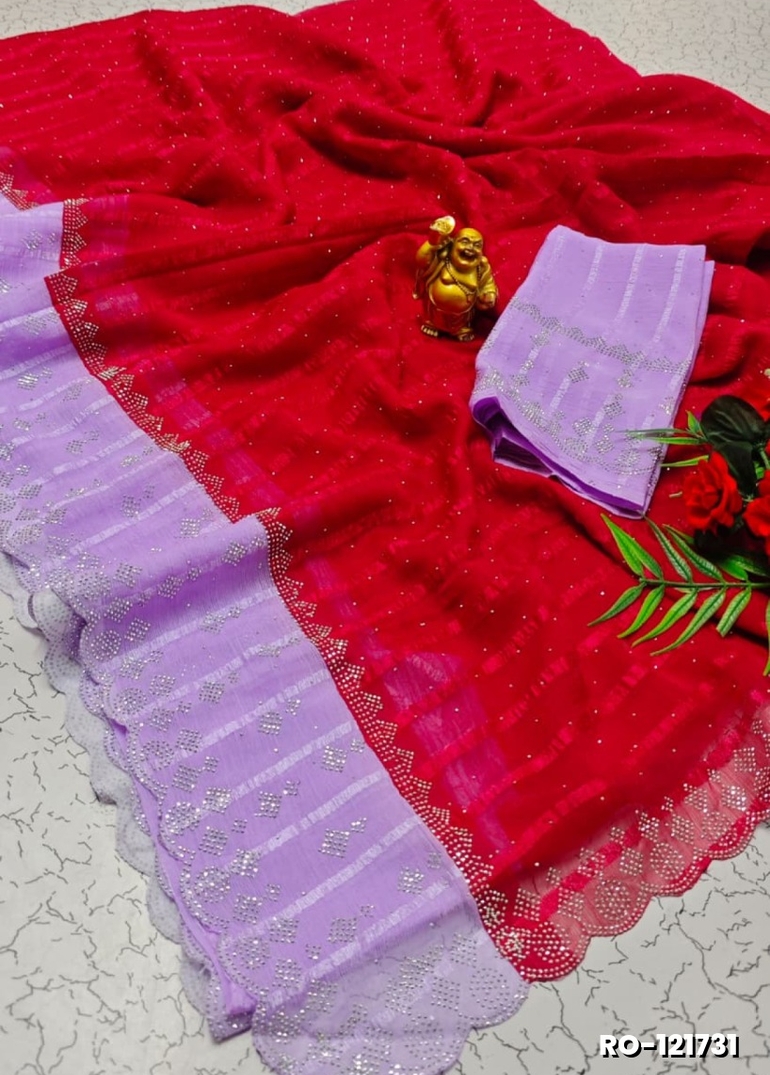 Fancy Stone Work Soft Silk Saree Full Same Color Border Contrast Color with blouse modern fancy item sarees - DARK PINK