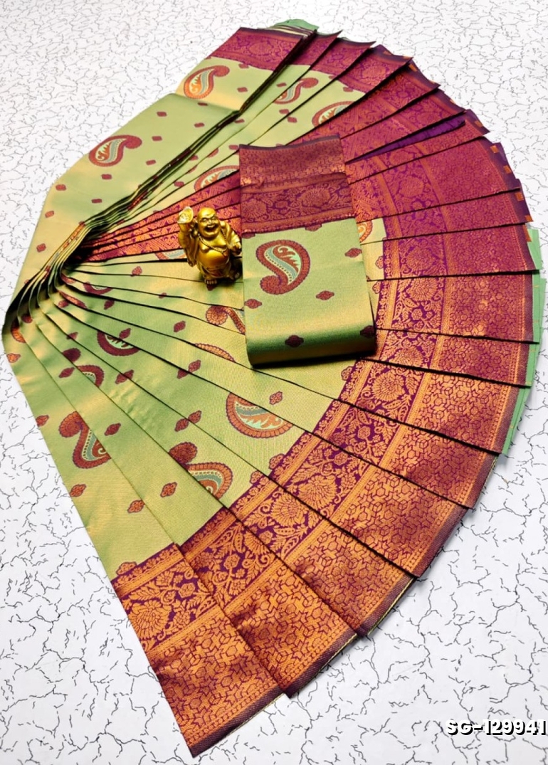 Premium kubera pattu saree rapier fancy  light weight silk mango design saree - LIGHT GREEN