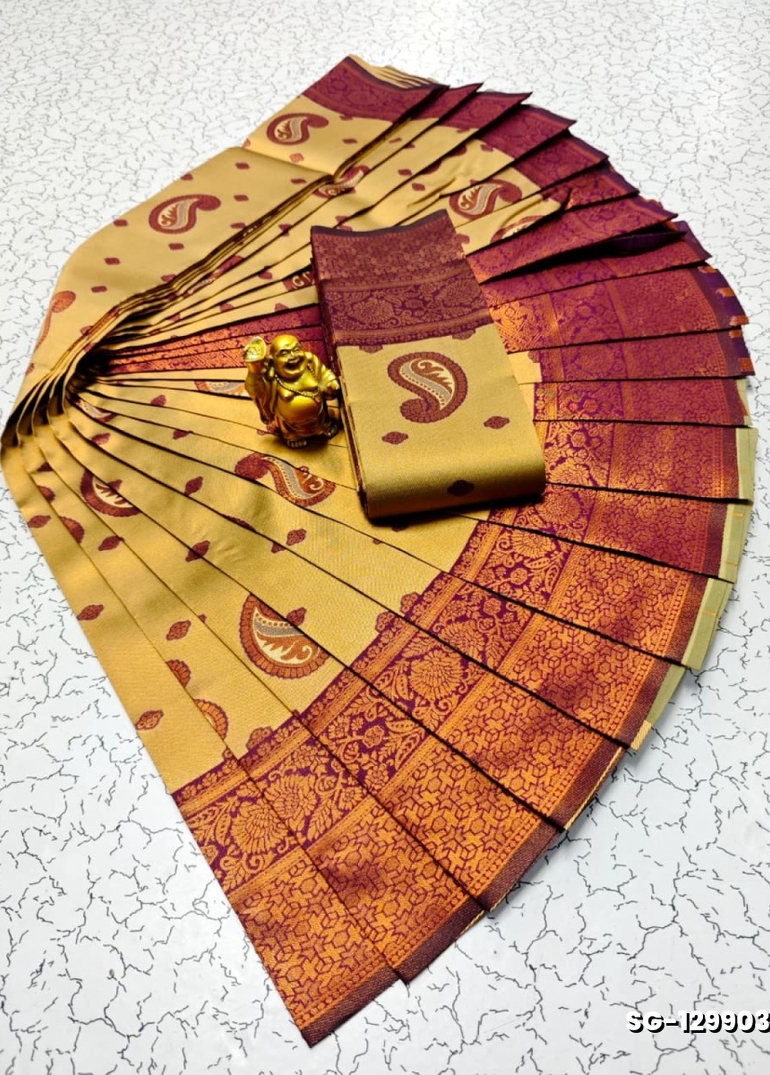 Premium kubera pattu saree rapier fancy  light weight silk mango design saree - GOLD