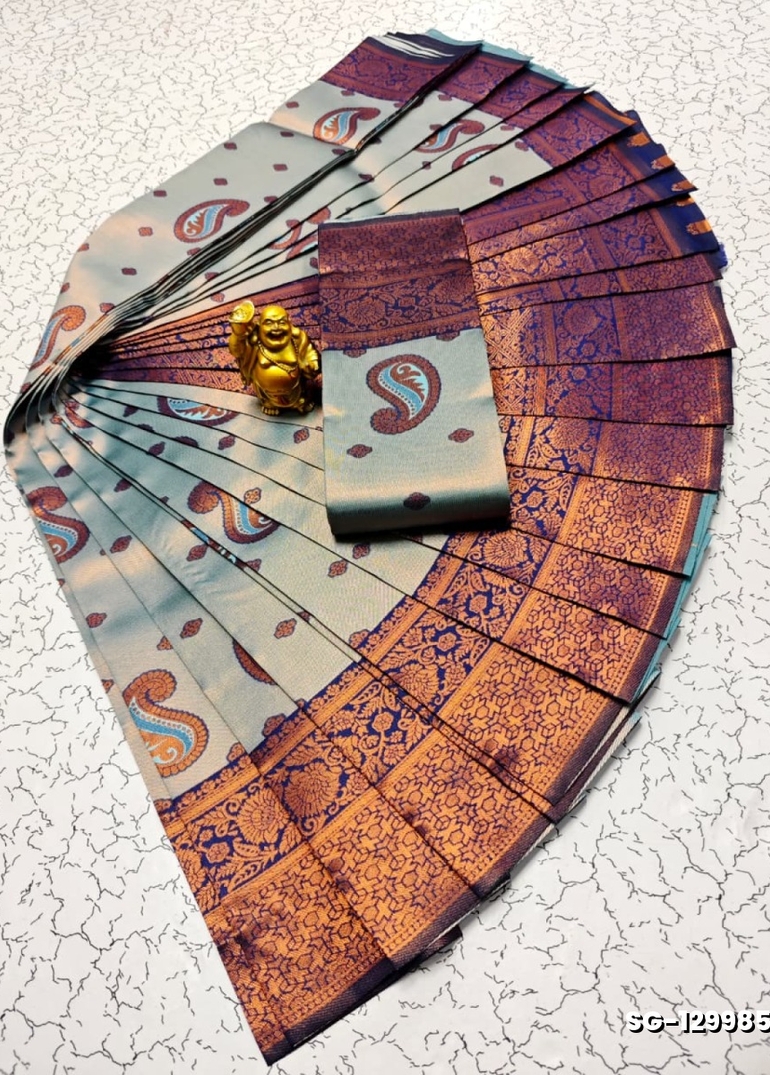 Premium kubera pattu saree rapier fancy  light weight silk mango design saree - BLUE SHADE