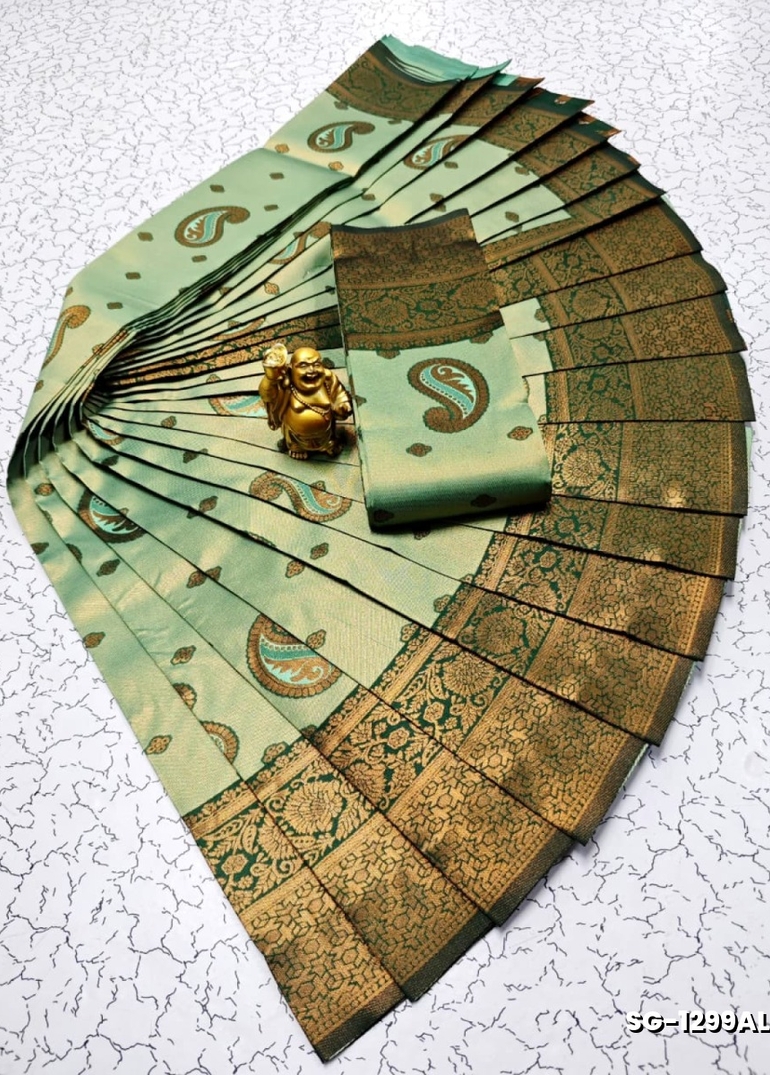 Premium kubera pattu saree rapier fancy  light weight silk mango design saree - LITE GREEN