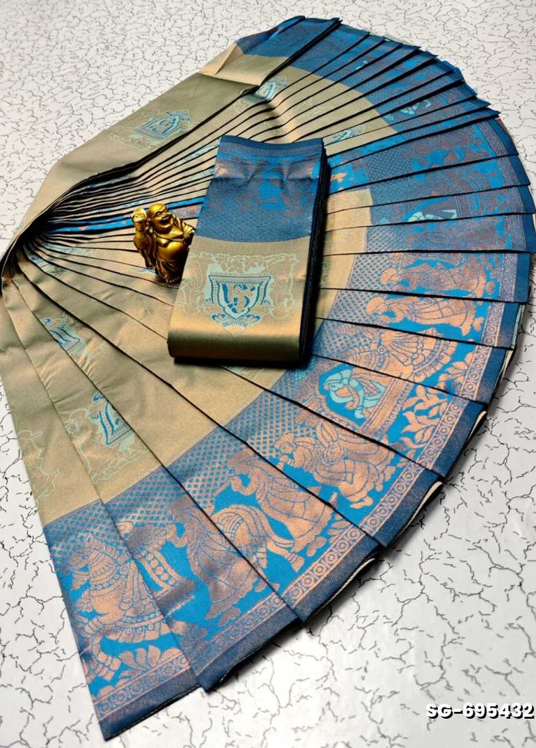 Premium kubera pattu saree rapier fancy  light weight silk pallakku design saree - LIGHT SKY BLUE